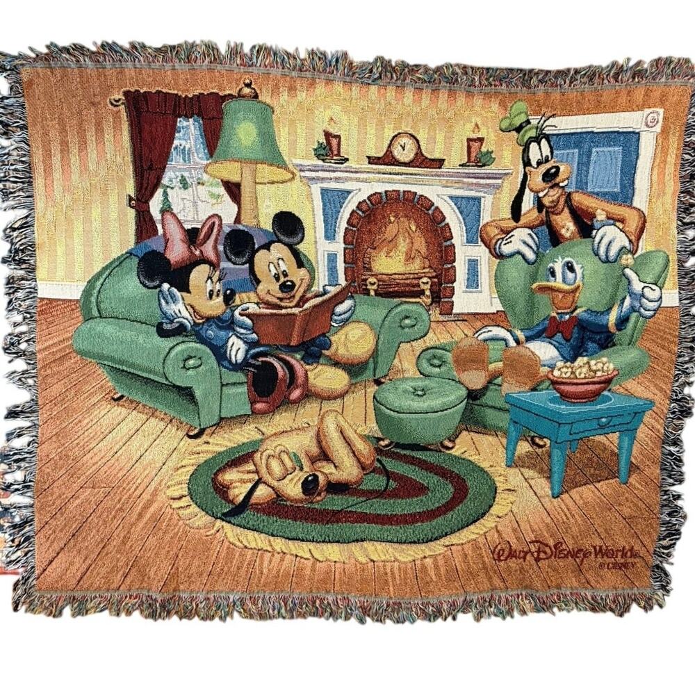 Vintage Walt Disney World Mickey Mouse Friends Fireplace Tapestry Throw Blanket
